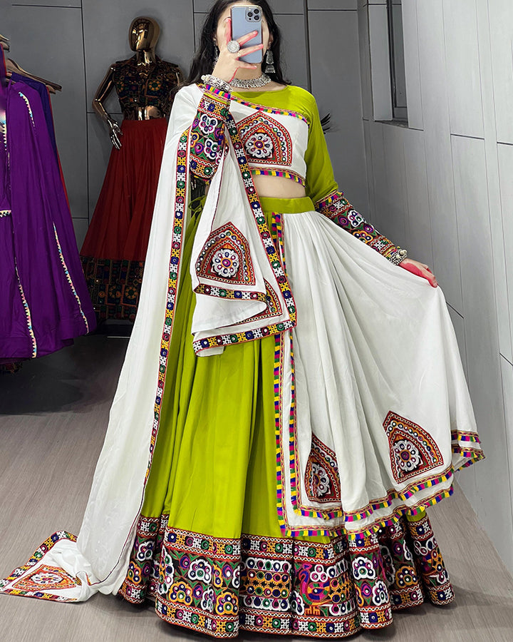 Parrot White Color Pure Rayon Cotton Navratri Lehenga Choli