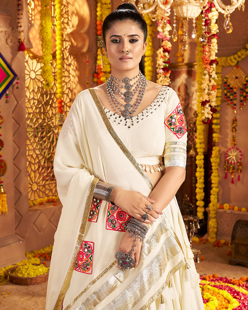 Royal White Lehenga Choli With Gold Borders And Colorful Embroidery