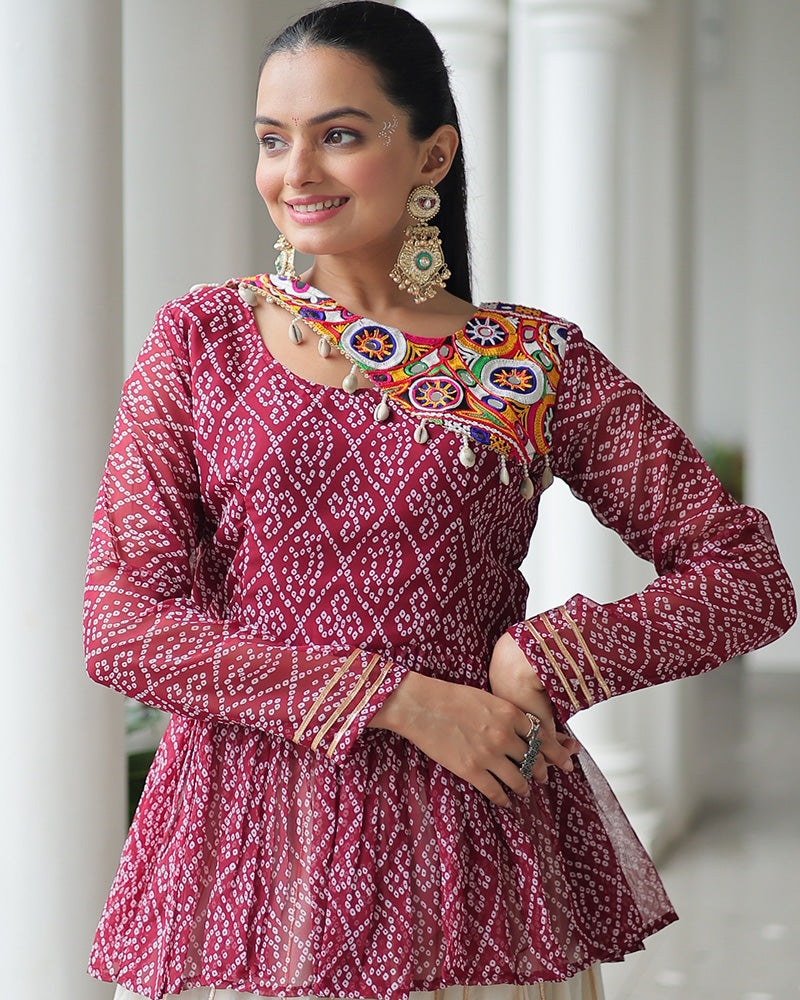 Maroon Bandhani Style Peplum Choli With Kora Cotton Lehenga
