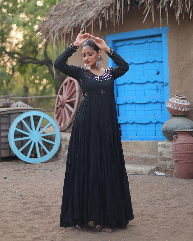 Black Color Rayon Mirror Work Navratri Gown