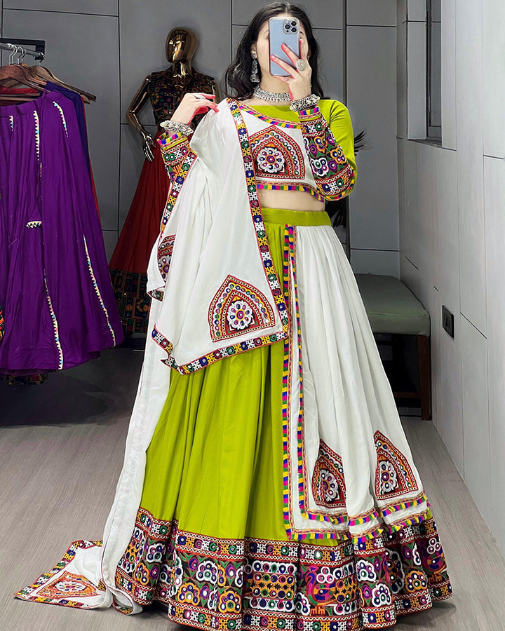 Parrot White Color Pure Rayon Cotton Navratri Lehenga Choli