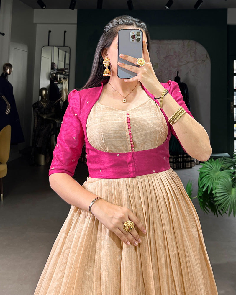 Pink Color Green Silk Printed Gown With koti