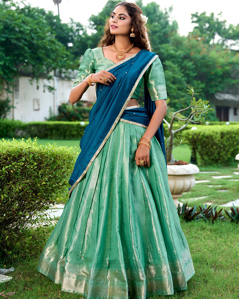 Pista Color Kanchipuram Designer Half Saree
