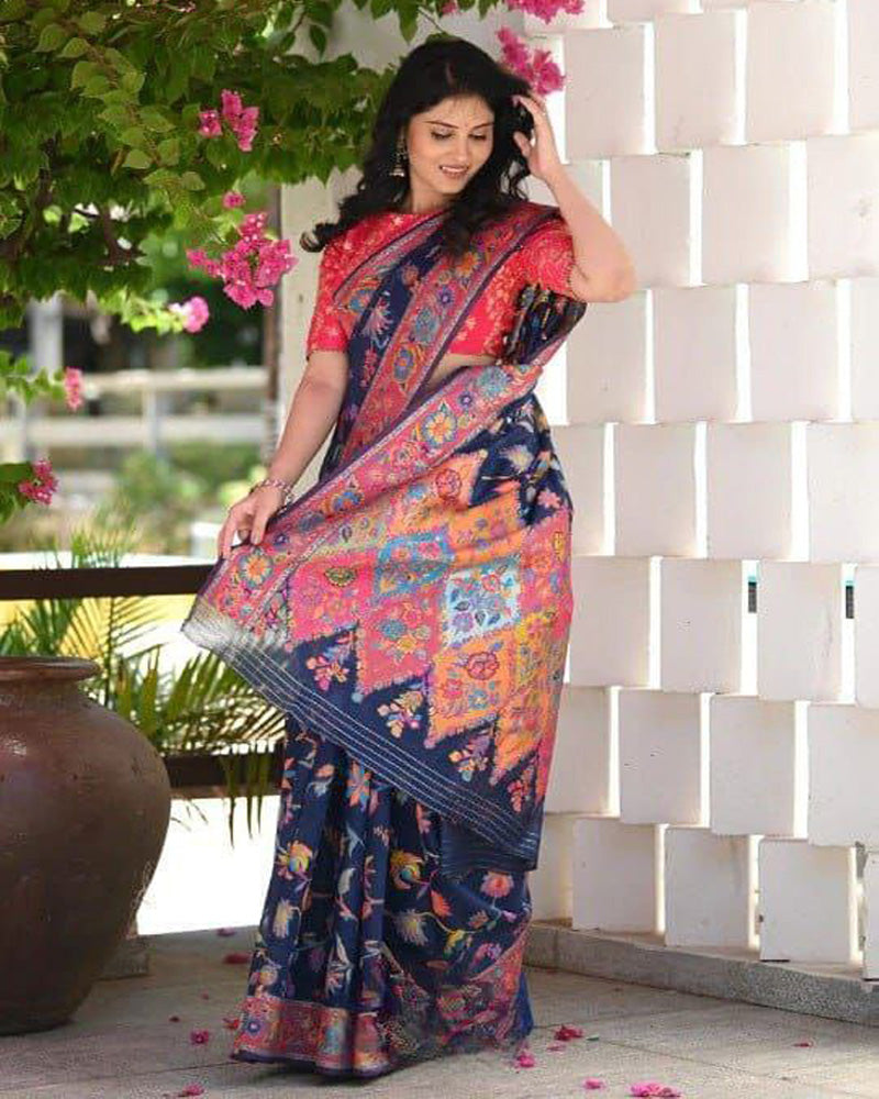 Navy Blue Colour Banarsi Soft Silk Saree
