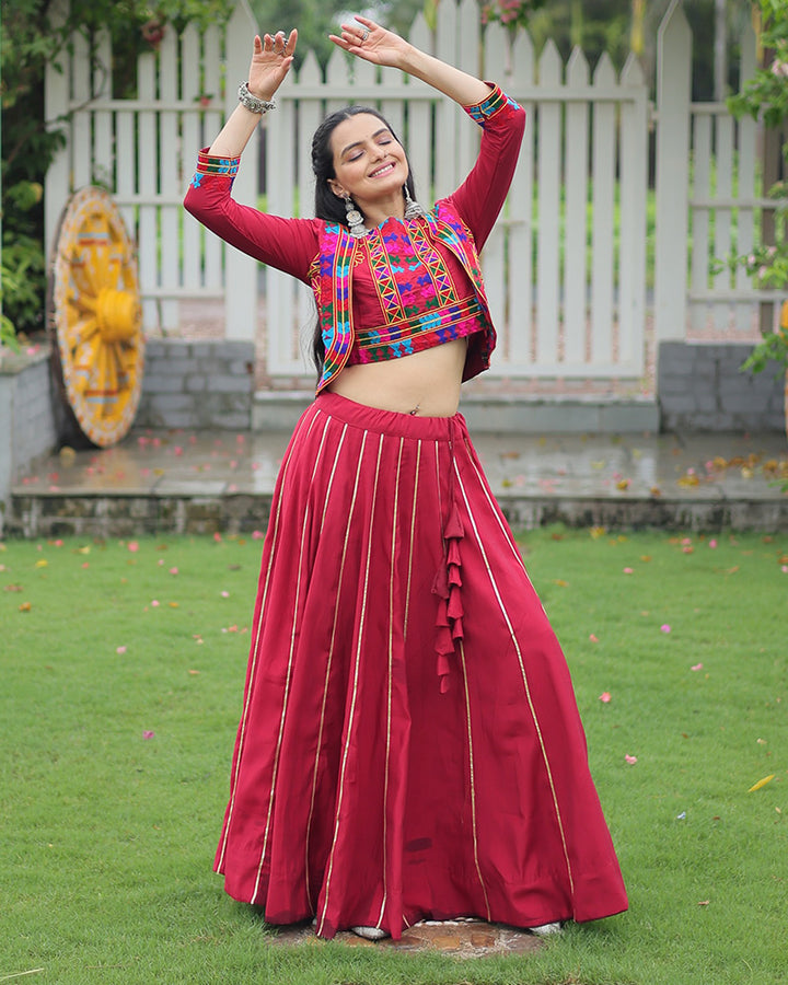 Elegant Maroon Mirror Work Navratri Lehenga With Jacket Style Blouse