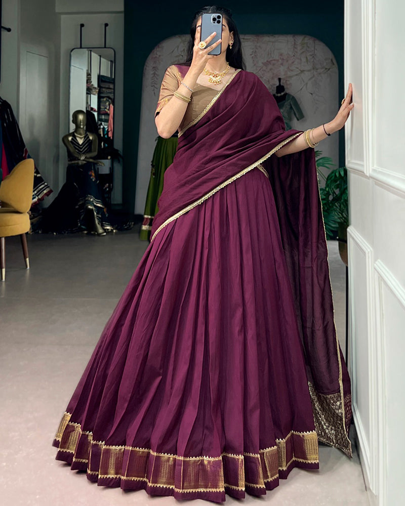 Wine Color Pure Chanderi Zari Weaving Lehenga Choli