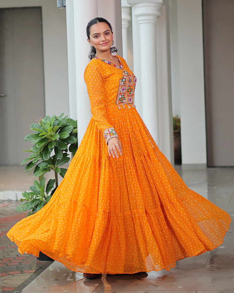 Yellow Color Georgette Bandhani Print Navratri Gown