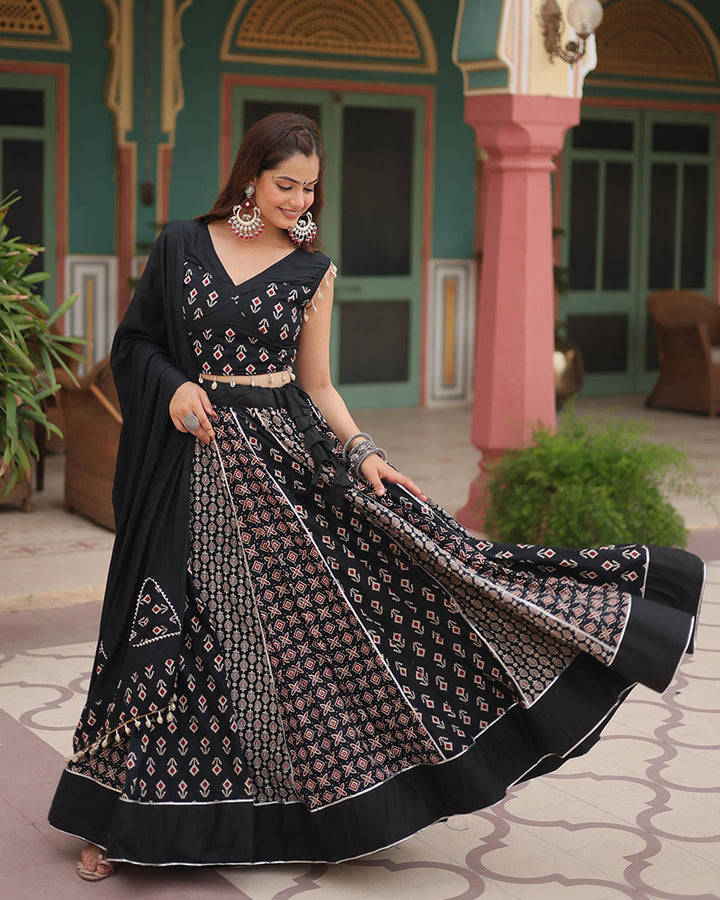 Black Color Rayon Kali Pattern Navratri Lehenga Choli