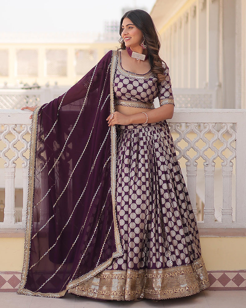 Wine Color Pure Viscose Jacquard Lehenga Choli