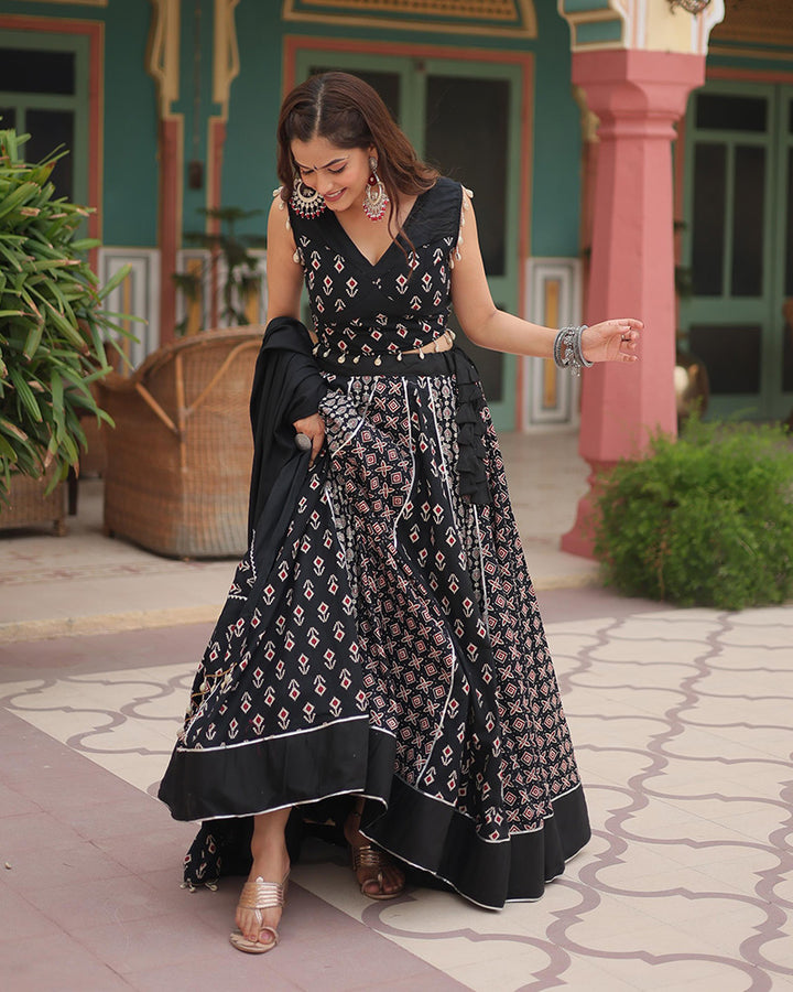 Black Color Rayon Kali Pattern Navratri Lehenga Choli