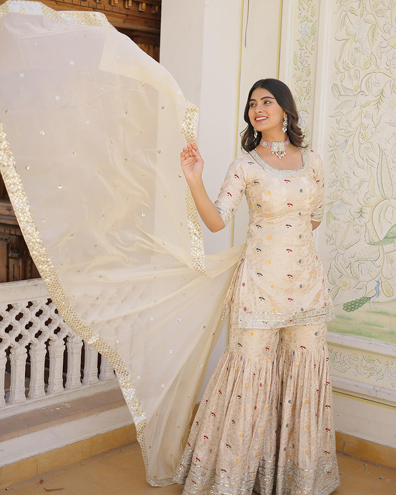 Off-White Color Viscose Jacquard Three Piece Gharara Suit