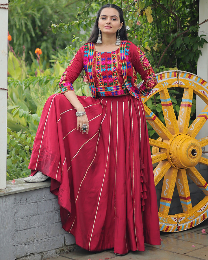 Elegant Maroon Mirror Work Navratri Lehenga With Jacket Style Blouse