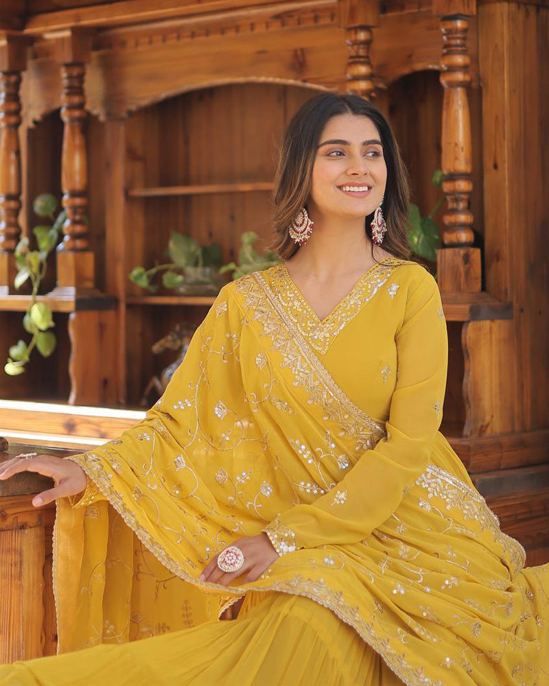 Yellow Color Faux Georgette Designer Anarkali Gown With Dupatta