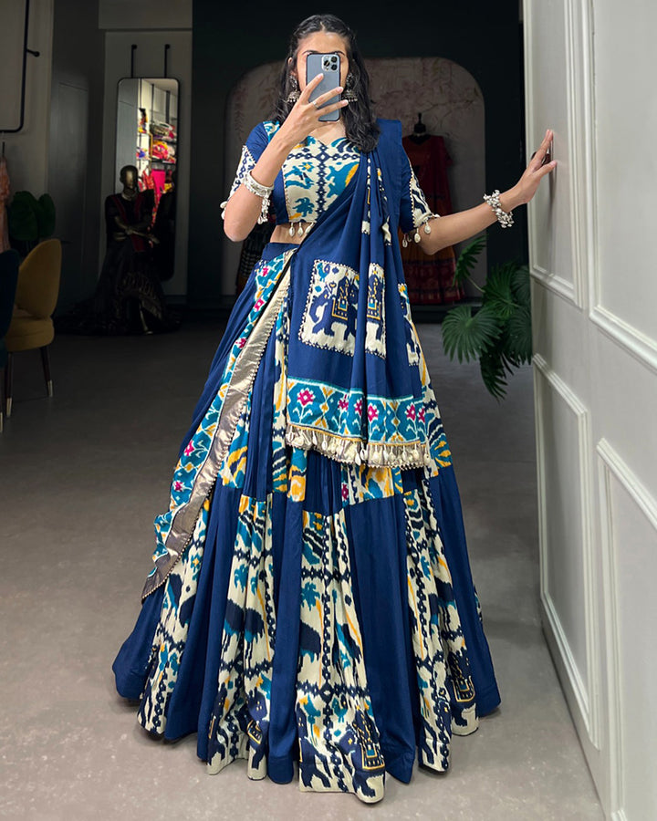 Firozi Color Rayon Silk Printed Fully Stitched Navratri Lehenga Choli