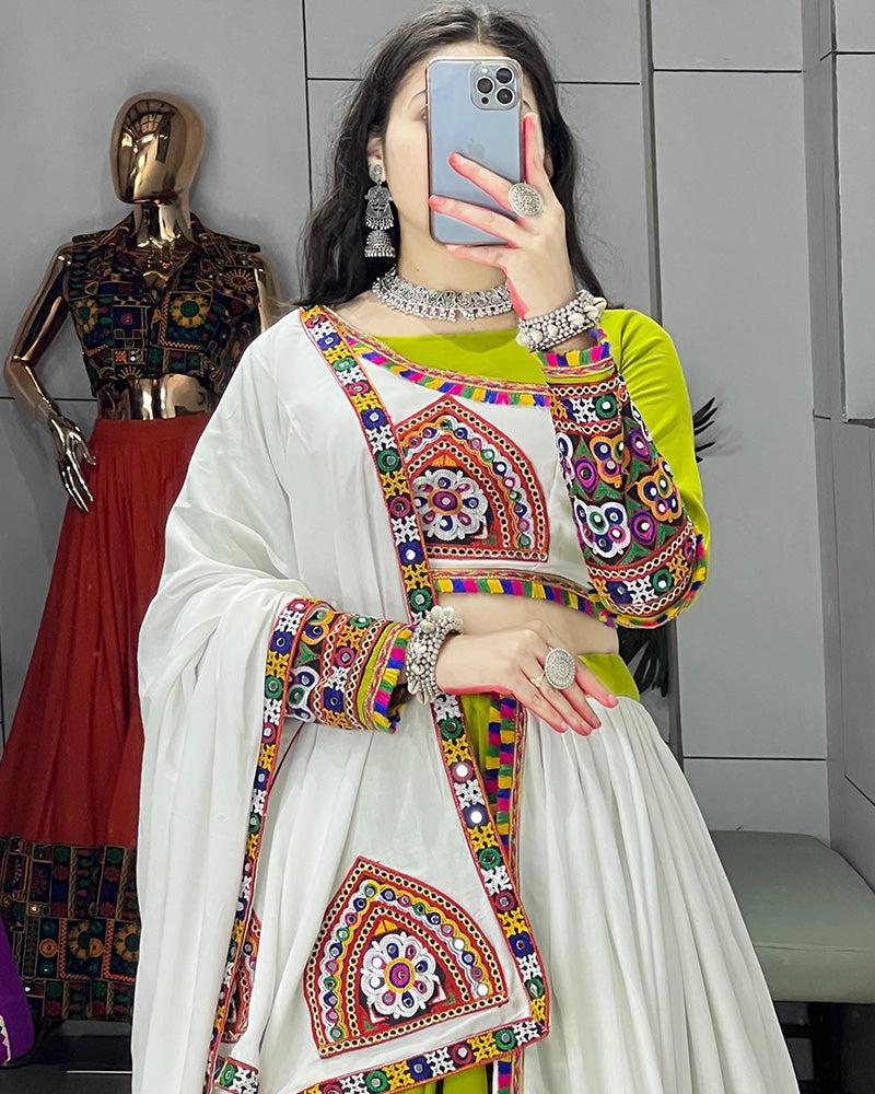 Parrot White Color Pure Rayon Cotton Navratri Lehenga Choli