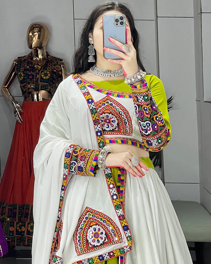 Parrot White Color Pure Rayon Cotton Navratri Lehenga Choli
