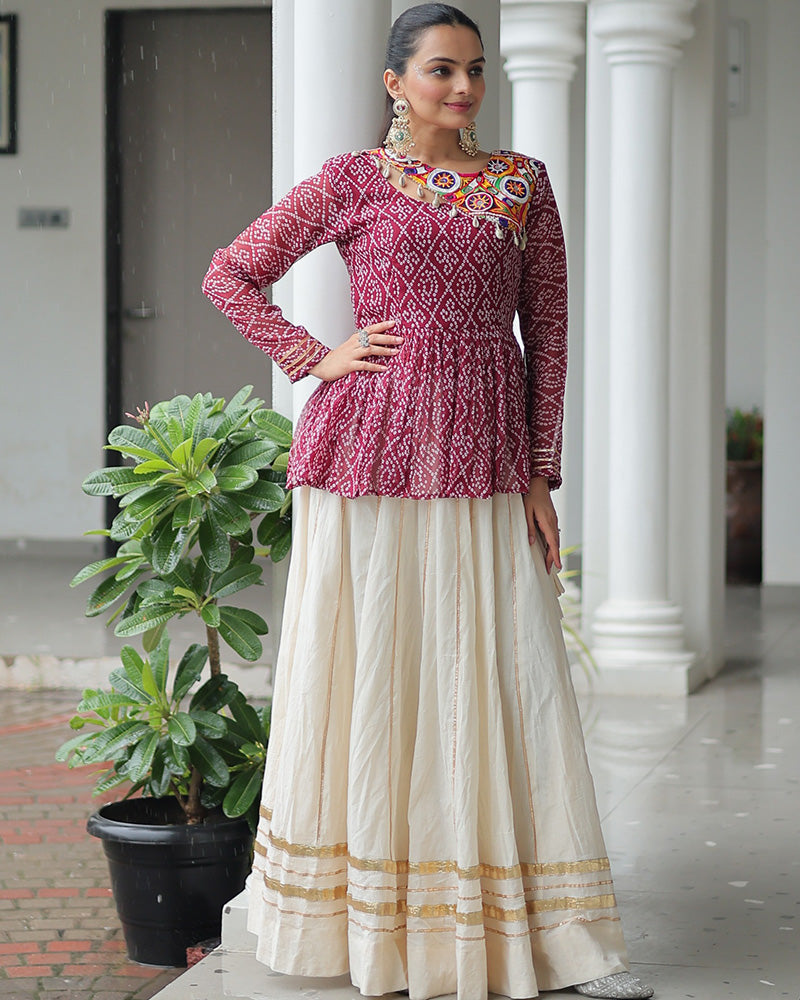 Maroon Bandhani Style Peplum Choli With Kora Cotton Lehenga