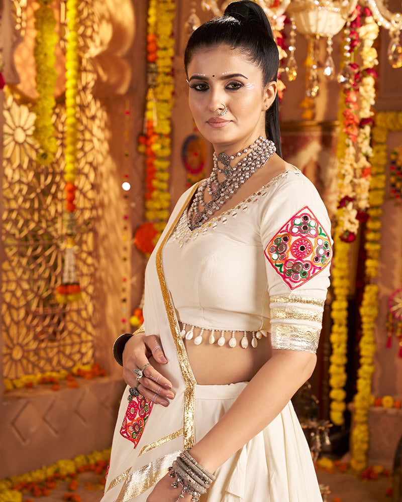 Royal White Lehenga Choli With Gold Borders And Colorful Embroidery