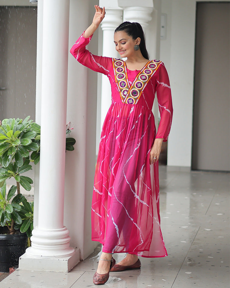 Pink Color Faux Georgette Kutchi Work Navratri Kurti
