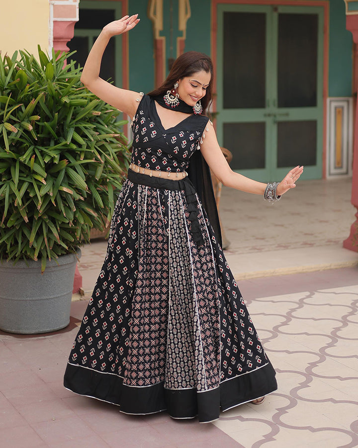 Black Color Rayon Kali Pattern Navratri Lehenga Choli