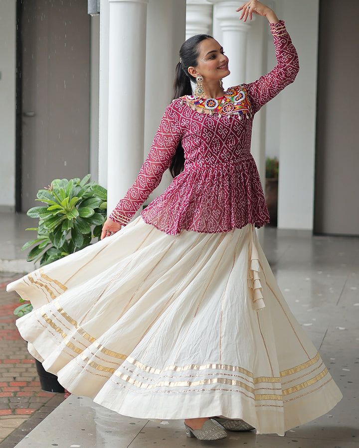 Maroon Bandhani Style Peplum Choli With Kora Cotton Lehenga