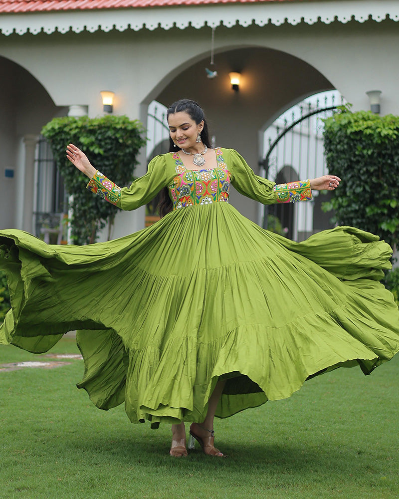 Parrot Green Color Rayon Navratri Gown