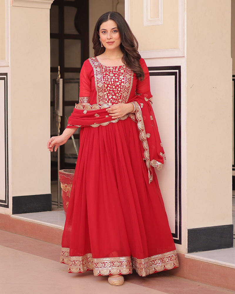 Designer Red Anarkali Gown With Golden Embroidery