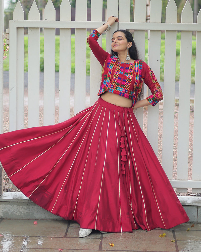 Elegant Maroon Mirror Work Navratri Lehenga With Jacket Style Blouse