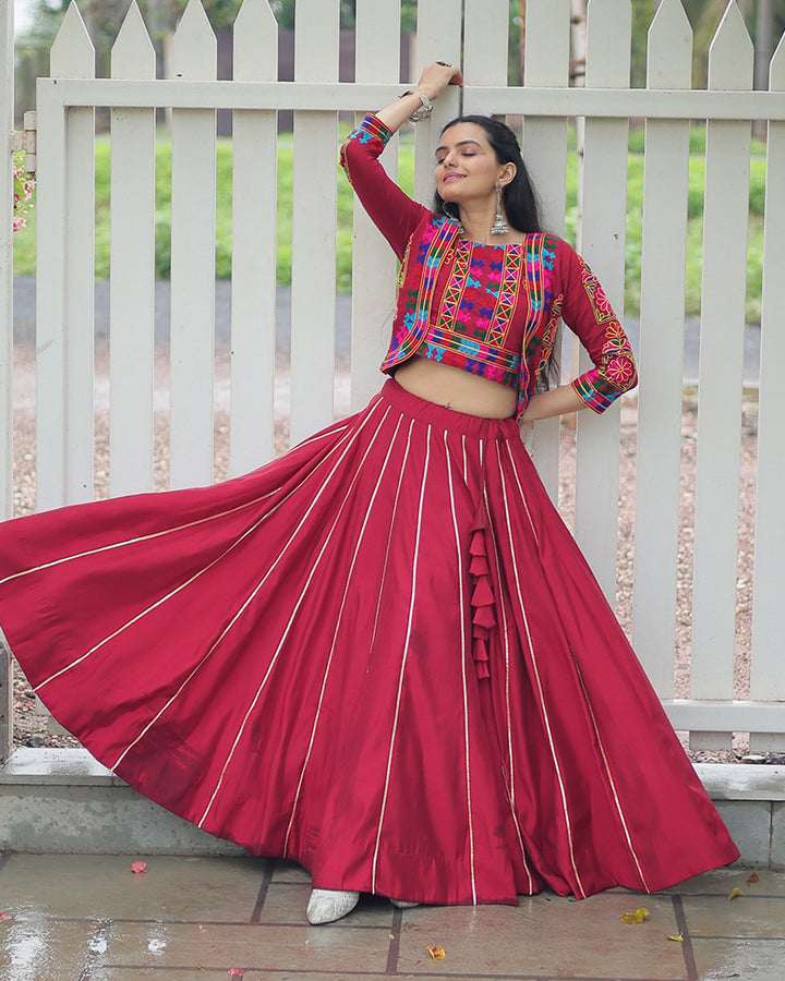 Elegant Maroon Mirror Work Navratri Lehenga With Jacket Style Blouse