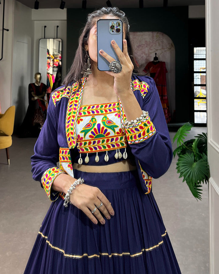 Navy Blue Color Pure Rayon Gamthi Navratri Lehenga Choli