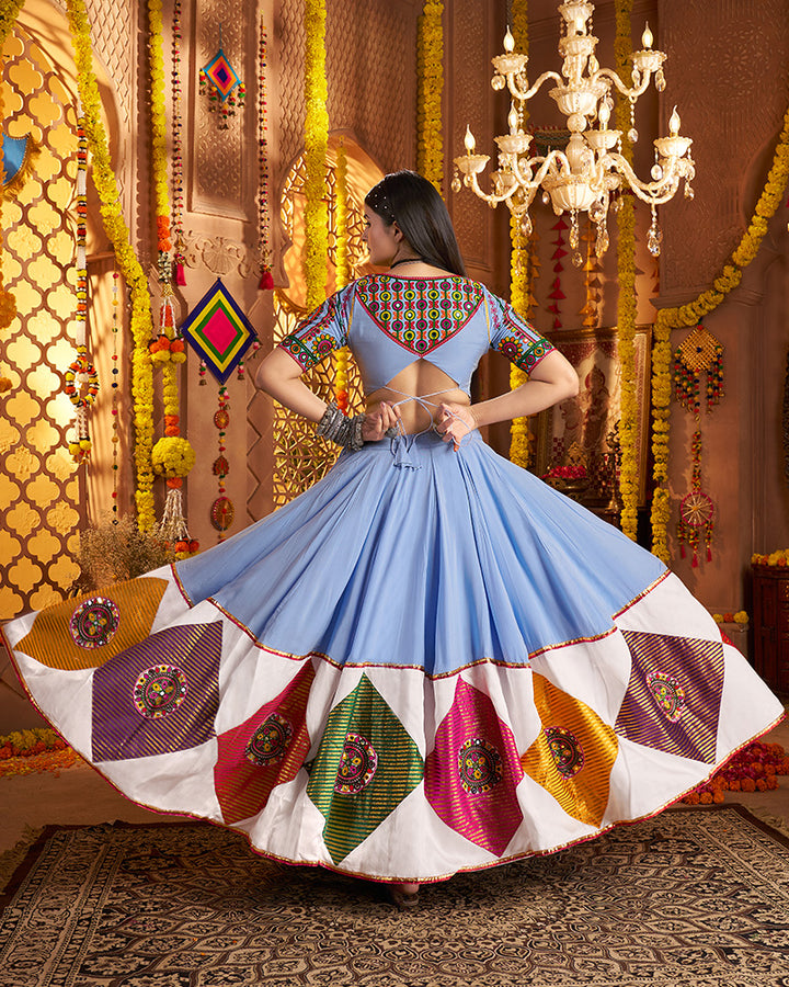 Sky Blue Viscose Cotton Embroidered Navratri Chaniya Choli