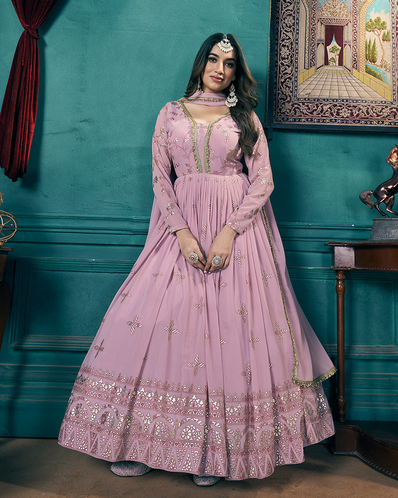 Baby Pink Color Faux Georgette Metalic Foil Work Gown With Dupatta