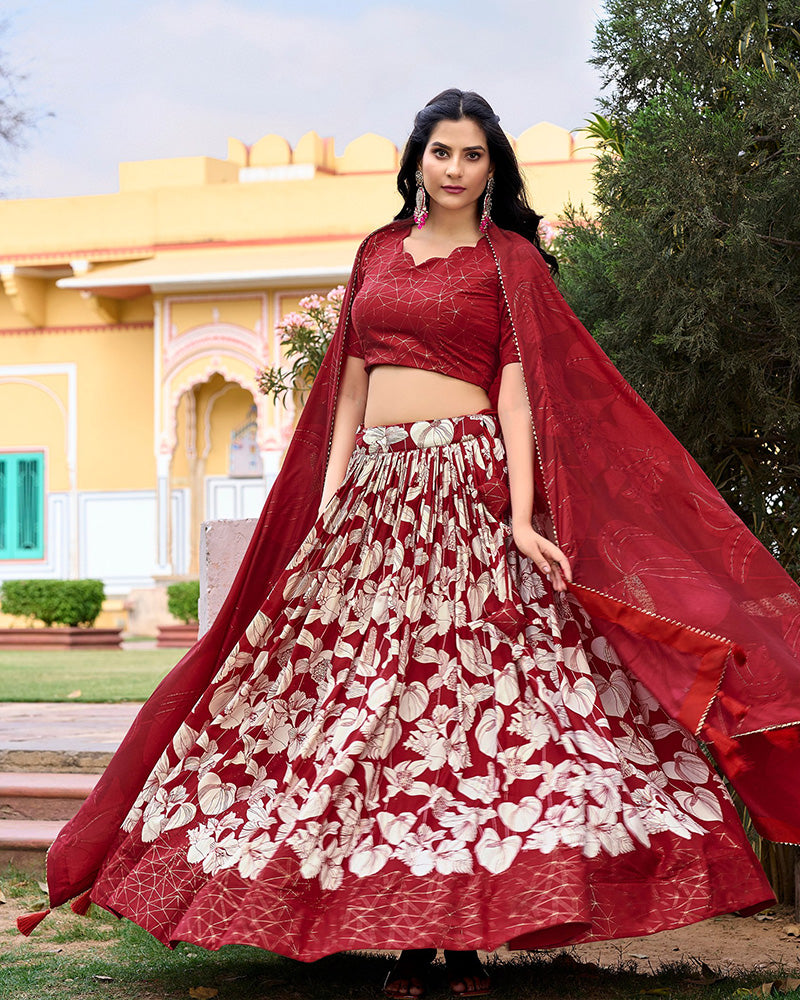 Red Color Tussar Silk Floral And Foil Printed Navratri Lehenga Choli