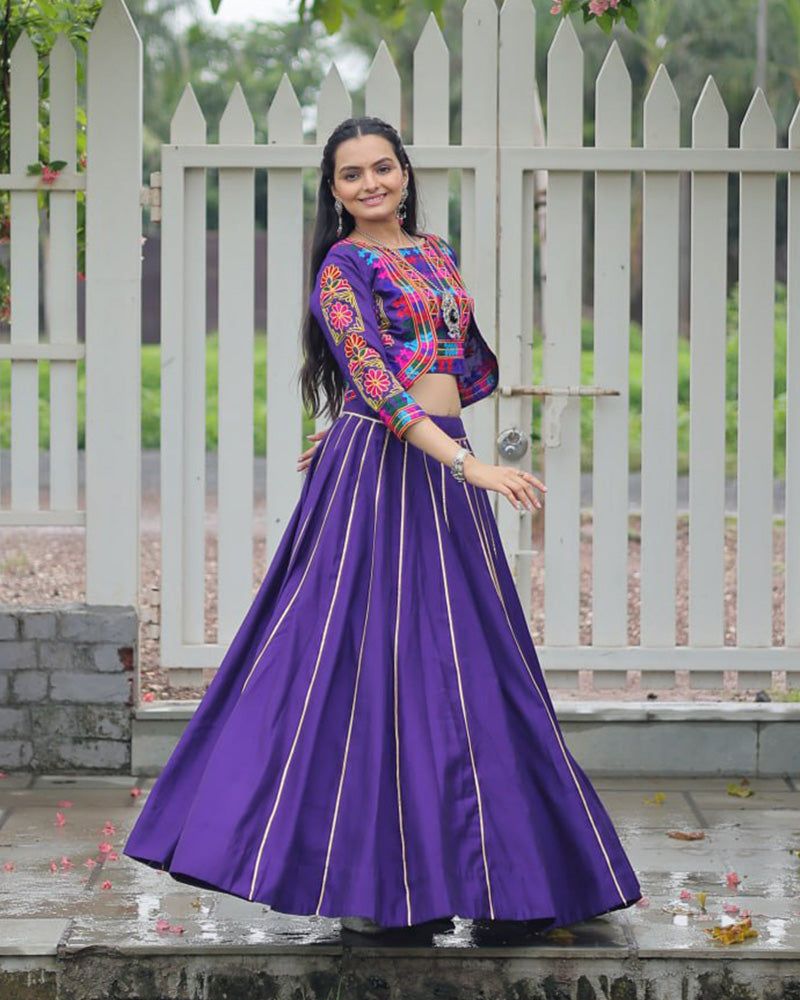 Elegant Purple Mirror Work Navratri Lehenga With Jacket Style Blouse