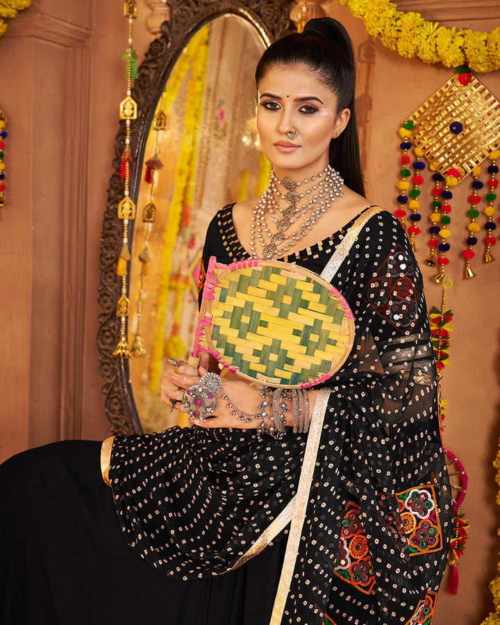 Royal Black Lehenga Choli With Gold Borders And Colorful Embroidery