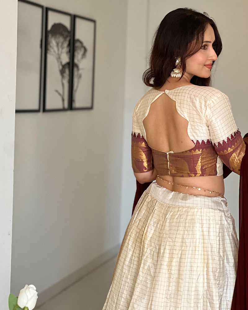 White And Maroon Color Poly Cotton Chex Onam Half Saree