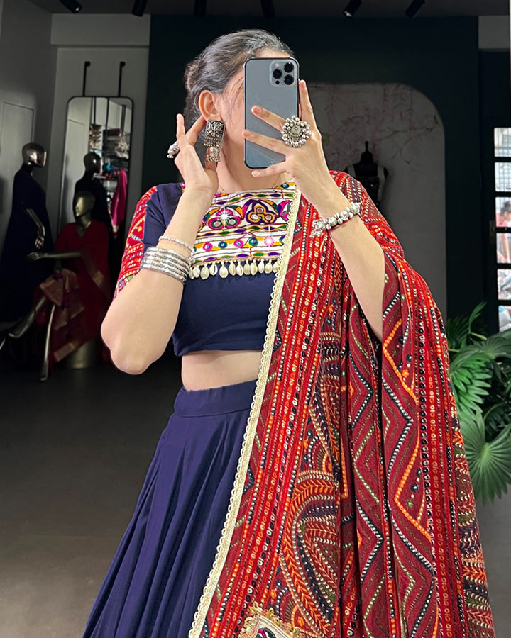 Navy Blue Color Pure Rayon Bandhej Print Navratri Lehenga Choli