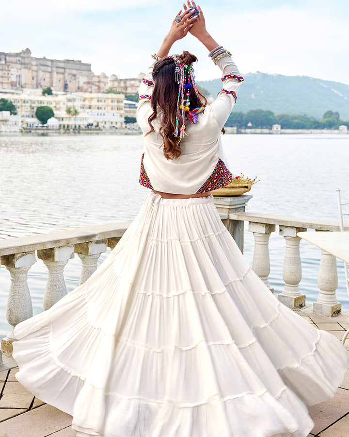Elegant White Color Pure Rayon Navratri Lehenga Choli