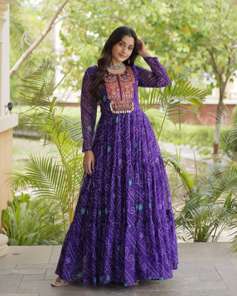 Purple Color Bandhani Print Faux Georgette Navratri Gown