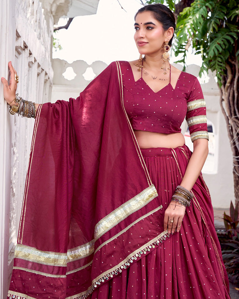 Classic Maroon Color Pure Chanderi Navratri Lehenga Choli