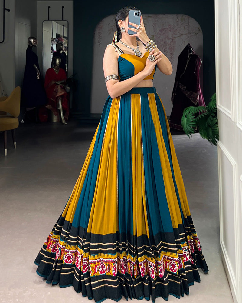 Mustard Color Pure Rayon Navratri Lehenga With Black Choli
