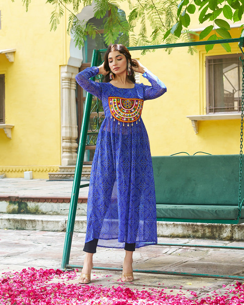 Festive blue Georgette Printed Kurti With Gamthi Patchwork