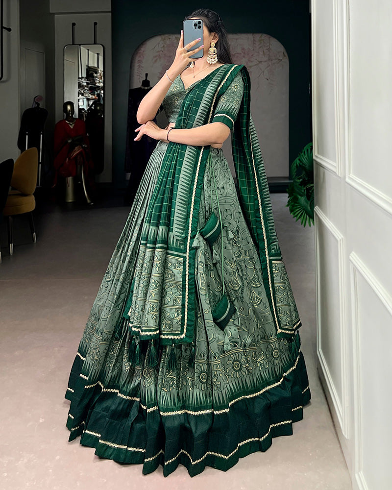 Green Color Tasar Silk Kalamkari Printed Lehenga Choli