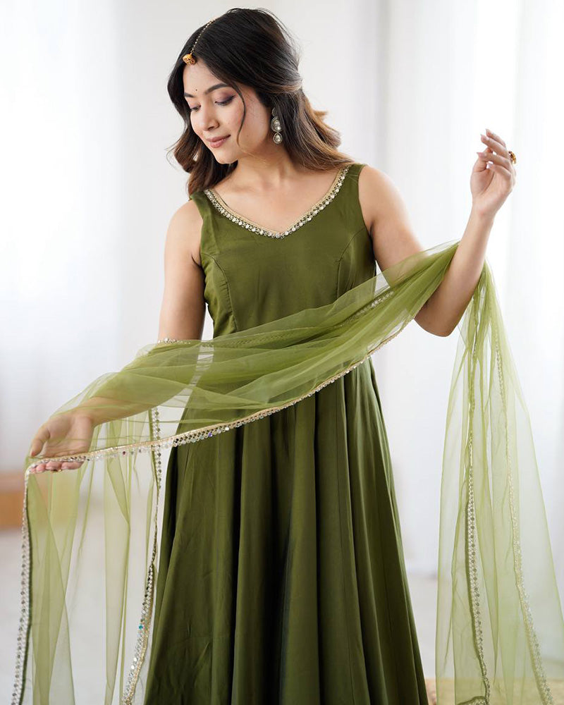 Mehndi Color Chanderi Pure Roman Silk Anarkali Suit