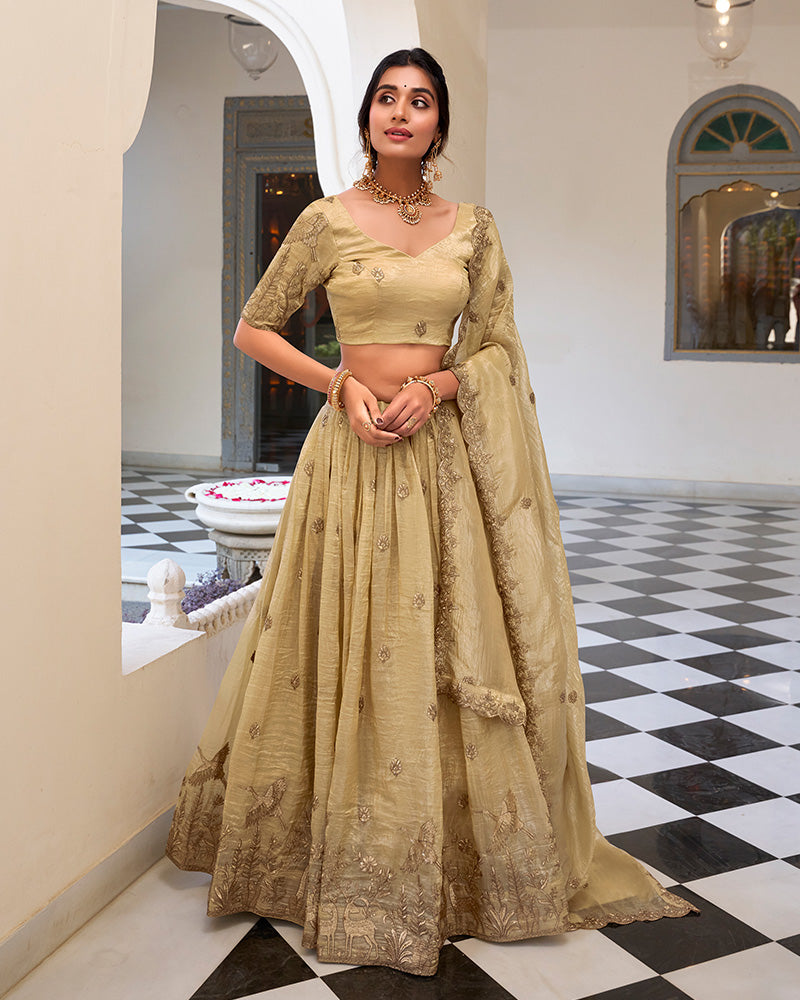Off-White Color Gold Crush Embroidered Lehenga Choli
