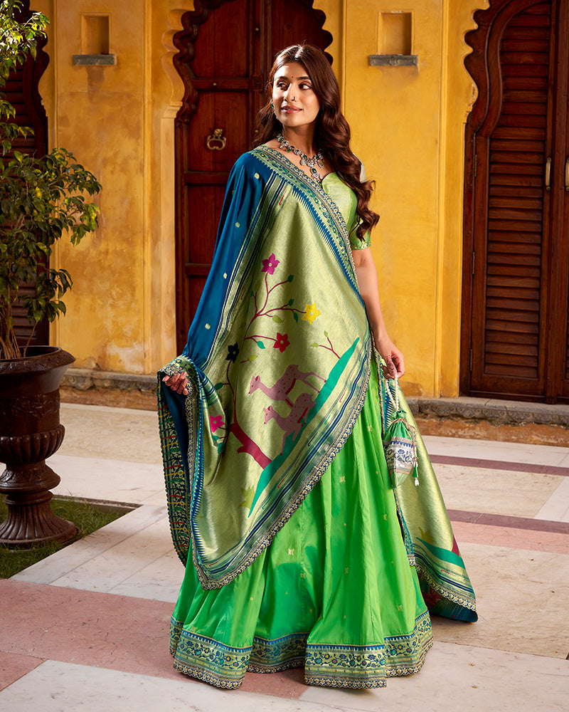 Parrot Green Color Soft Silk Paithani Lehenga Choli