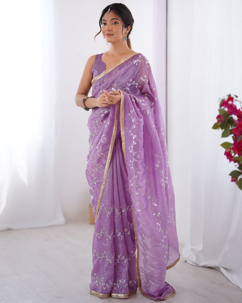 Lavender Color Smooth Gold Crush Embroidered Saree