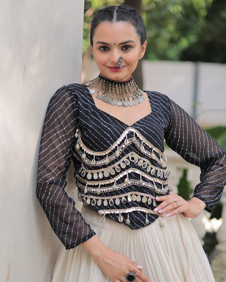 Black Color Laheriya Print Kurti With Kora Cotton Lehenga