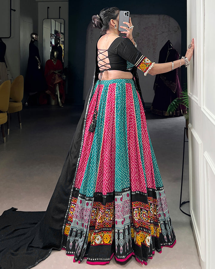 Sky And Pink Bandhej And Ajarakh Print Rayon Navratri Lehenga Choli