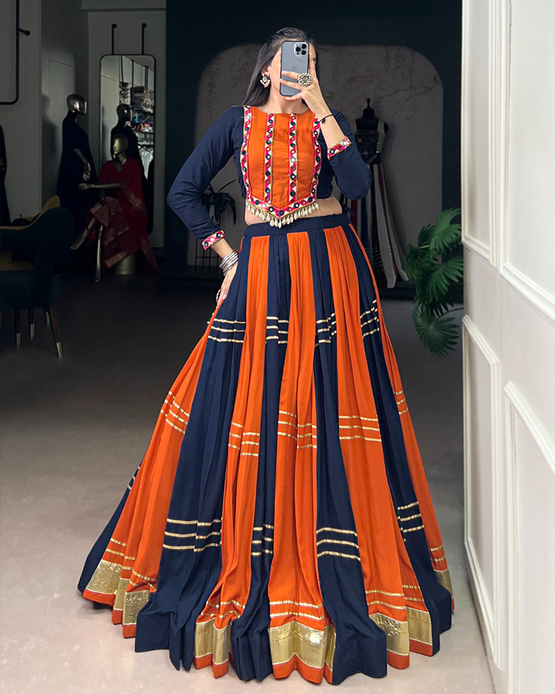 Navy Blue-Orange Color Pure Rayon Navratri Lehenga Choli